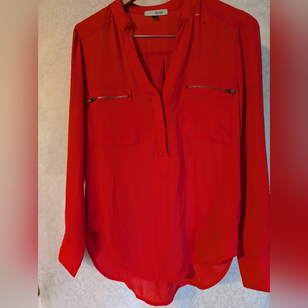 mnk Red Blouse w Gold‎ Accent Sheer Sz. M